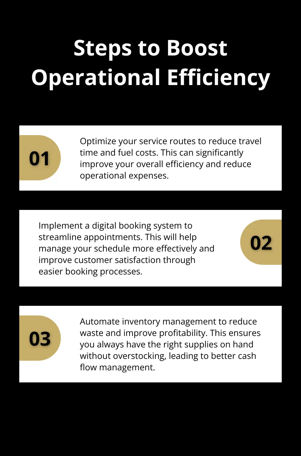 Ordered list chart showing three steps to boost operational efficiency in a mobile car detailing business - selling a mobile car detailing business before winter