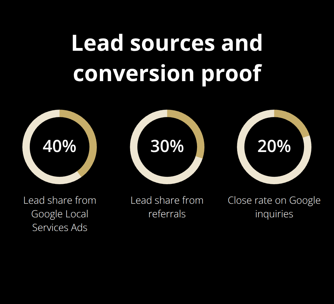 Breakdown of lead sources and close rate: 40% Google LSA, 30% referrals, 20% conversion - service business sale