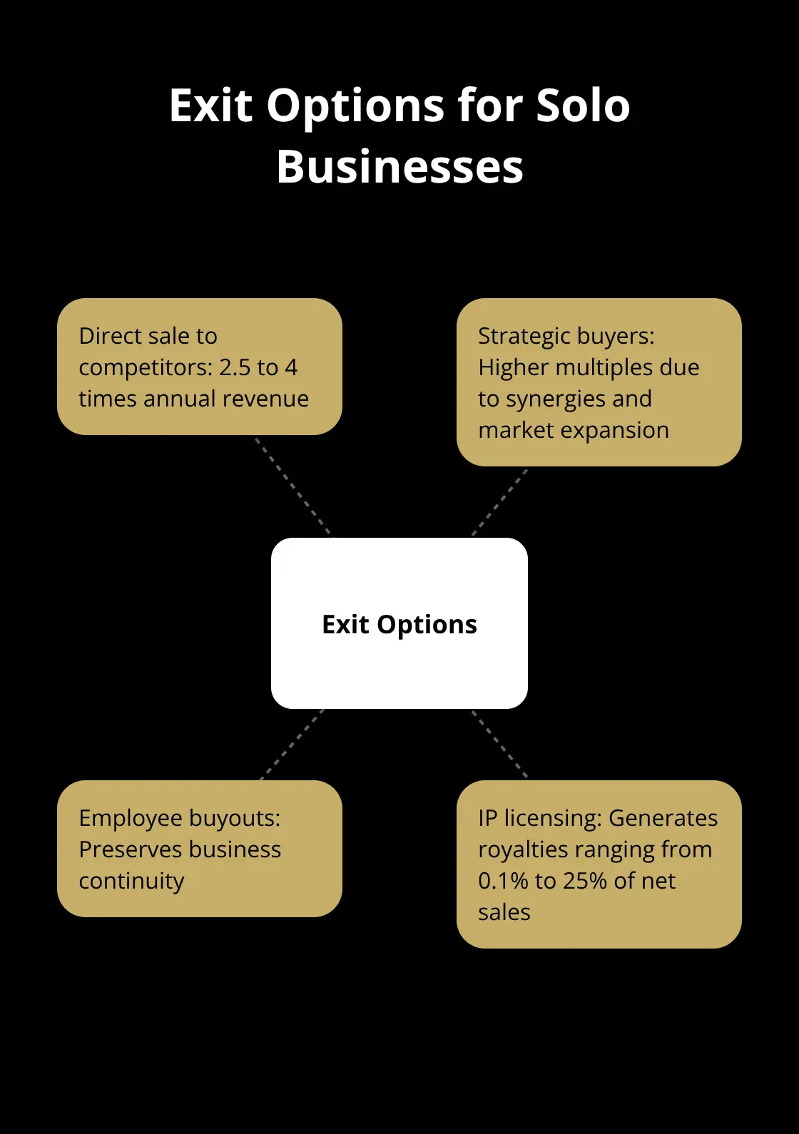 Hub and spoke chart showing exit options for solo businesses with their respective valuation multiples