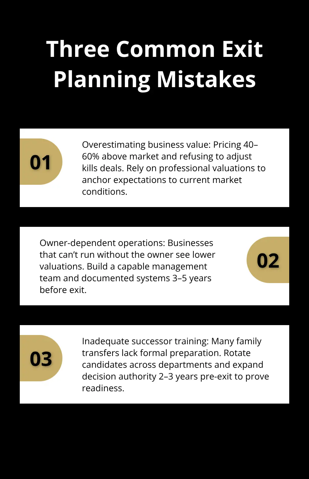 Top three mistakes that undermine small business exits and how to avoid them.