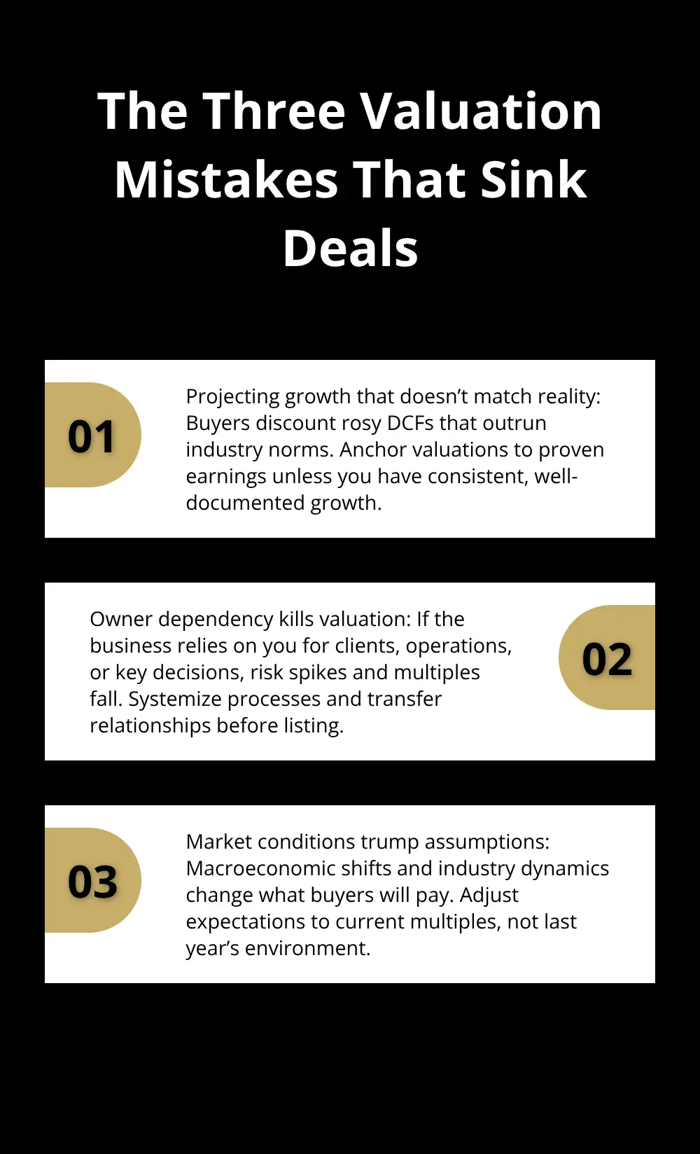Stylized list summarizing the three most common valuation mistakes owners make when selling a small business. - small business valuation