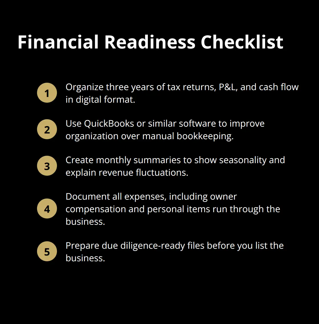 Compact checklist of key financial preparation steps for selling a struggling business.