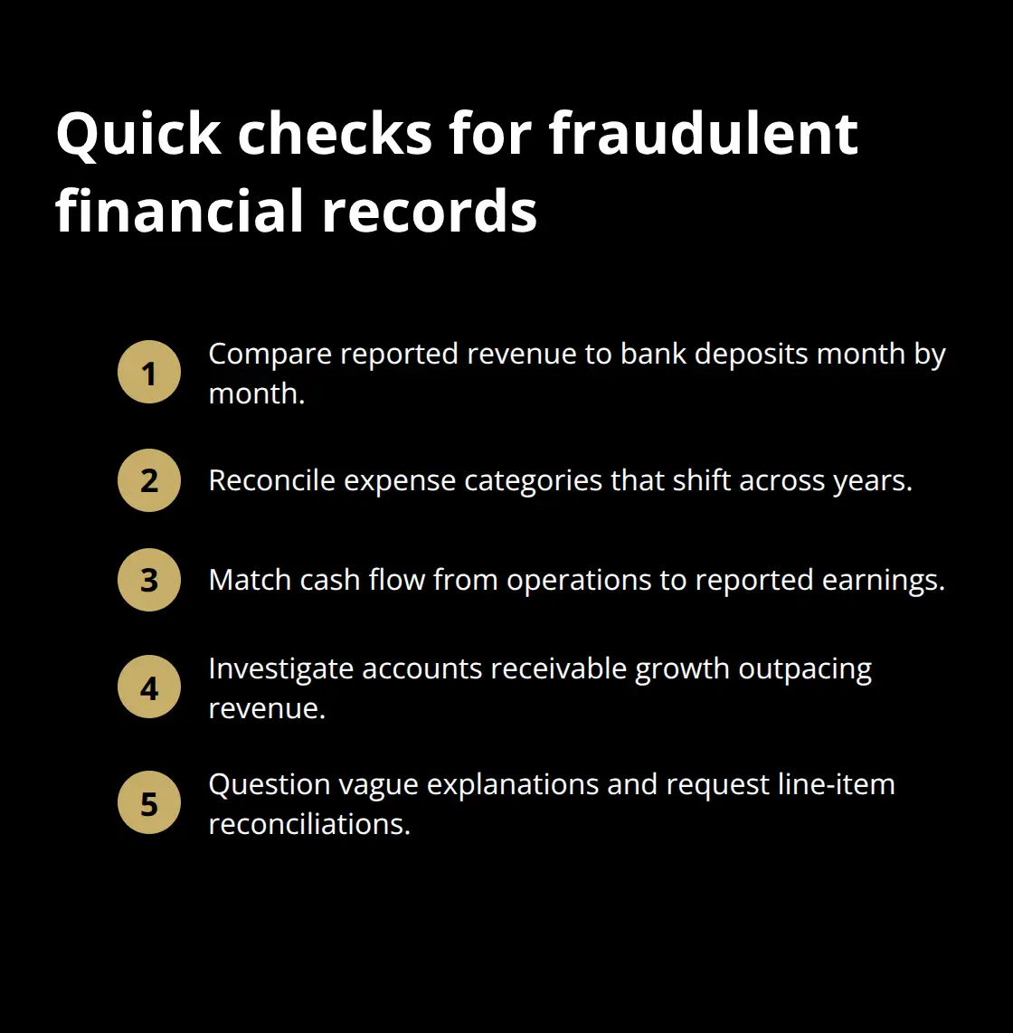Compact checklist of quick tests to spot fraudulent financial records in U.S. business valuations. - valuation fraud