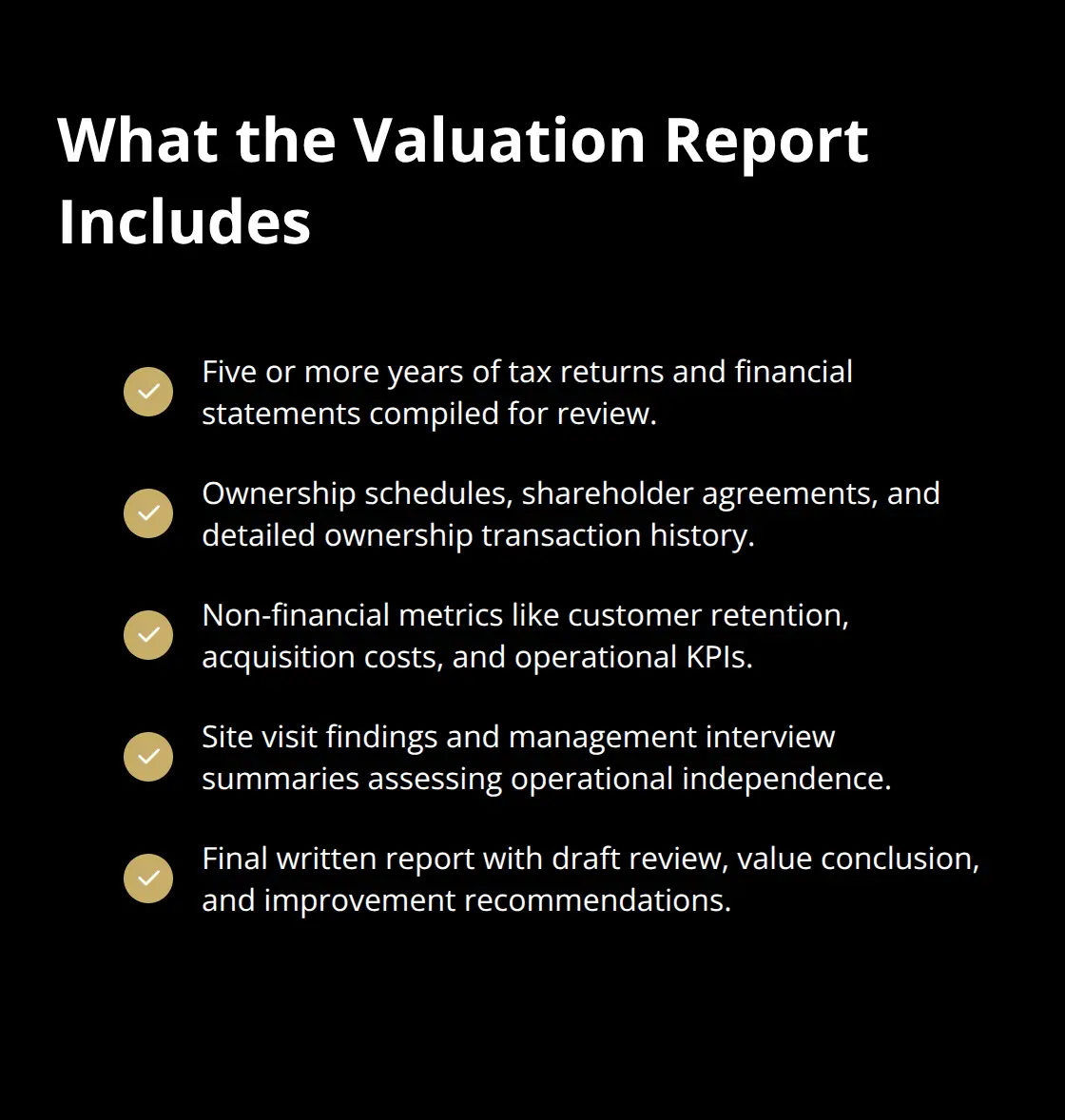 Checklist of documents and insights provided in a professional valuation report.